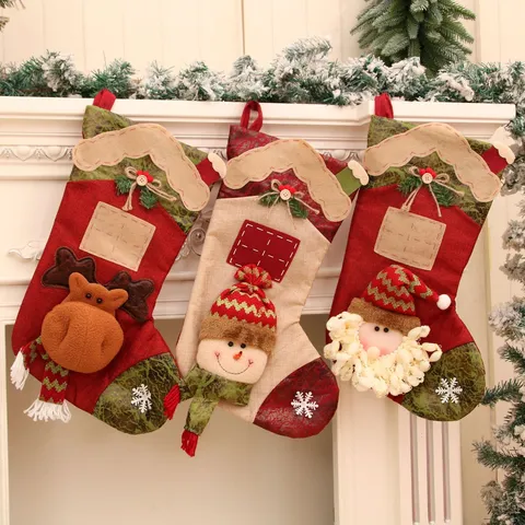 Medias de Navidad Grandes Patchwork Dimensional Dibujos Animados Lino Peluche Bolsa de Regalo Vacaciones Decoración del Hogar Adorno Colgante