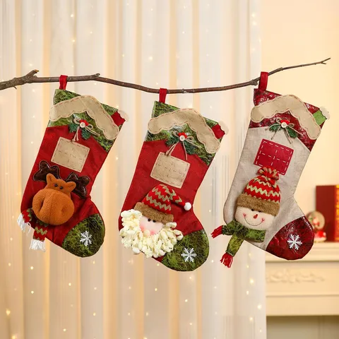Medias de Navidad Grandes Patchwork Dimensional Dibujos Animados Lino Peluche Bolsa de Regalo Vacaciones Decoración del Hogar Adorno Colgante