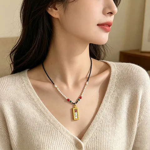 Collar de Colgante Thangka Bodhisattva Étnico Perla de Agua Dulce Cuentas de Cristal Pintado a Mano Collar de Cadena Larga para Suéter Mujer