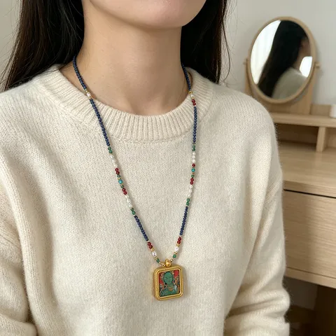 Collar Colgante Thangka Pintado a Mano Tara Verde Perla de Agua Dulce Lapislázuli Cristal Multi Gema Cadena Suéter Tibet Joyería Étnica
