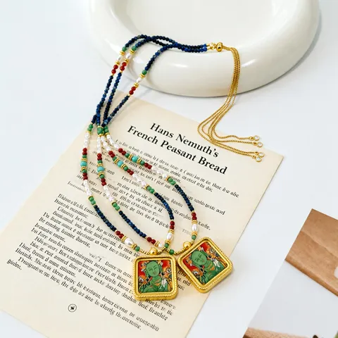 Collar Colgante Thangka Pintado a Mano Tara Verde Perla de Agua Dulce Lapislázuli Cristal Multi Gema Cadena Suéter Tibet Joyería Étnica