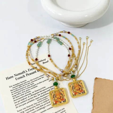 Collar con Colgante de Thangka Tibetano Pintado a Mano Dios de la Riqueza Perla de Agua Dulce Cristal Étnico Cadena de Suéter Ajustable Joyería