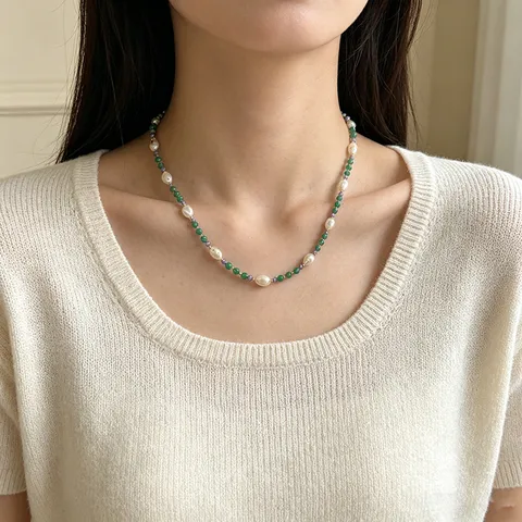 Collier Fait Main Pierre Naturelle Vert Menthe Améthyste Perle d'Eau Douce Baroque Chaîne de Clavicule Pour Femmes Bijoux Rétro