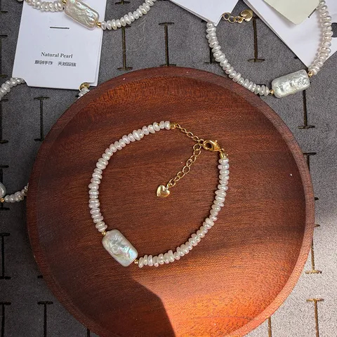 Baroque Freshwater Pearl Bracelet Irregular Chewing Gum Block Design With Heart Pendant Gold Plated Copper Chain Adjustable Jewelry For Women