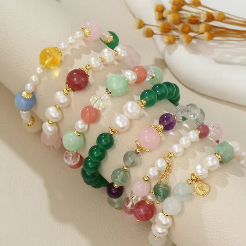 Natürliche Süßwasserperle Bunte Kristall Perlenarmband Für Damen Kupfer Metall Abstandshalter Elegante Handgemachte Schmuck Geschenk