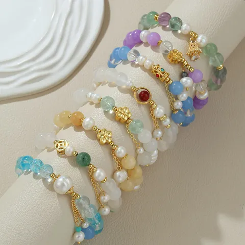 Vintage Neuer Chinesischer Stil Süßwasserperle Armband Für Damen Natur Achat Kristall Kupfer Sand Gold Perlen Quaste Armband Schmuck
