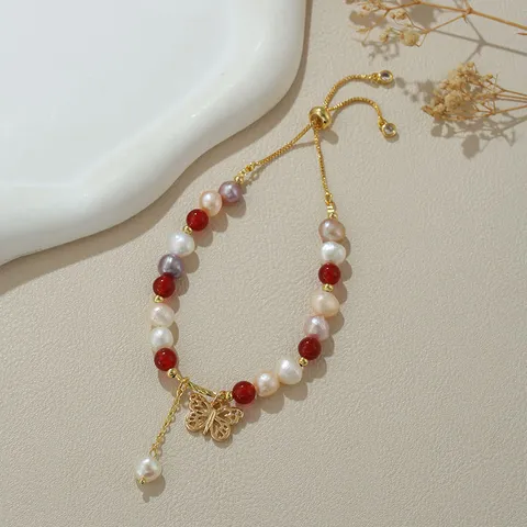 Neuer Chinesischer Stil Natur Süßwasserperle Armband Erdbeerquarz Jadeit Verstellbarer Kordelzug Armband Damen Schmuck Geschenk