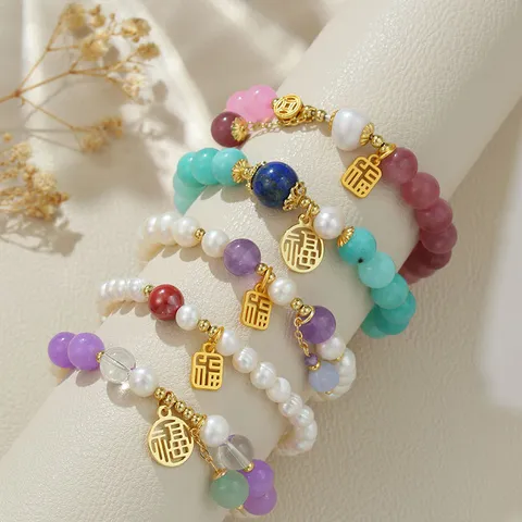 Bracelet de Perles d'Eau Douce Naturelles Designer Guochao Avec Agate Cristal Charme Fu Bracelet Élastique Style Chinois Bijoux