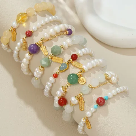 Süßwasserperle Armband Für Damen Original Design Achat Zinnober Jade Perlen Glück Segen Anhänger Antik-Stil Schmuck