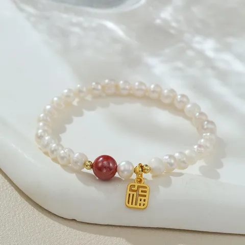 Bracelet de Perles d'Eau Douce Naturelles Designer Guochao Avec Agate Cristal Charme Fu Bracelet Élastique Style Chinois Bijoux