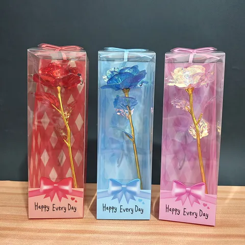 Artificial Gold Foil Rose Flower Colorful Holographic Plastic Rose With Gift Box Valentine Day Party Decor