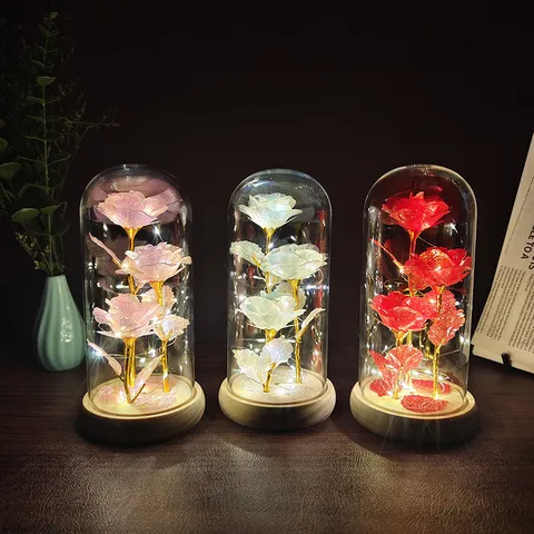 Gold Foil Rose Eternal Flower Glass Cover Night Light Romantic Valentine Gift Creative Desktop Decor LED Bedside Lamp