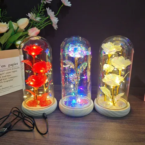 Gold Foil Rose Eternal Flower Glass Cover Night Light Romantic Valentine Gift Creative Desktop Decor LED Bedside Lamp