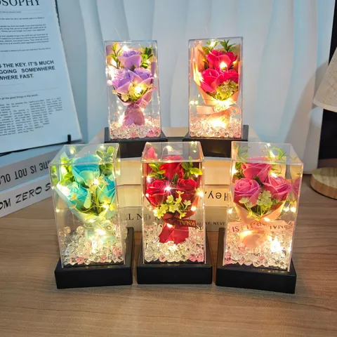 Artificial Soap Rose Flower Bouquet Gift Box With LED String Lights Romantic Valentine Day Home Decor Desk Ornament