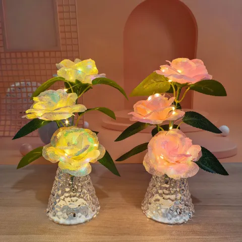 Artificial Rose Flower Bouquet LED Night Light With Glass Vase Gift Box For Valentine Day Mother Day Home Decor