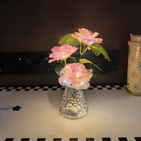 Artificial Rose Flower Bouquet LED Night Light With Glass Vase Gift Box For Valentine Day Mother Day Home Decor