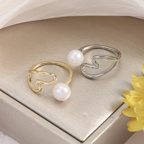 Korean Style Copper Open Adjustable Ring For Women Elegant Heart Geometric Line Genuine Freshwater Pearl Ring Minimalist Fine Anniversary Birthday Finger Jewelry Gift