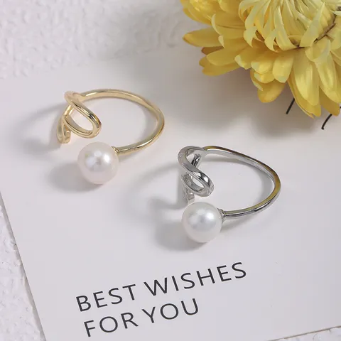 Korean Style Copper Open Adjustable Ring For Women Elegant Heart Geometric Line Genuine Freshwater Pearl Ring Minimalist Fine Anniversary Birthday Finger Jewelry Gift