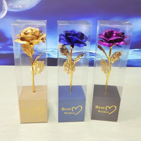 Gold Foil Artificial Rose Flower With Transparent Gift Box Romantic Valentine Day Mother Day Gift Home Decor Party Supplies