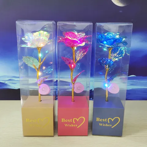 Gold Foil Colorful Rose Artificial Flower With LED Light Transparent Gift Box Valentine Day Gift