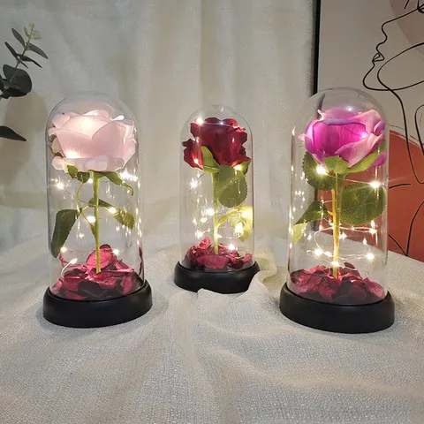 LED Rose Flower Glass Dome Artificial Rose With Copper Wire Lights Romantic Gift For Valentine Mothers Day Home Decor