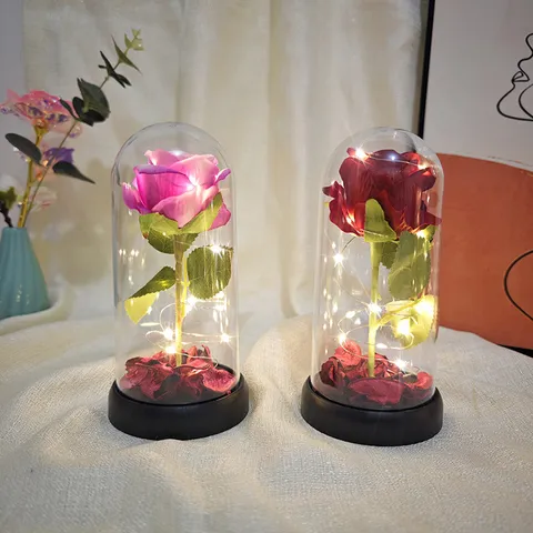 LED Rose Flower Glass Dome Artificial Rose With Copper Wire Lights Romantic Gift For Valentine Mothers Day Home Decor