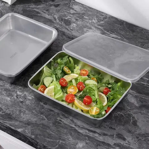 Vassoio Rettangolare per Alimenti in Acciaio Inossidabile con Coperchio Cucina Frigorifero Piatto Diviso Scatola Bento