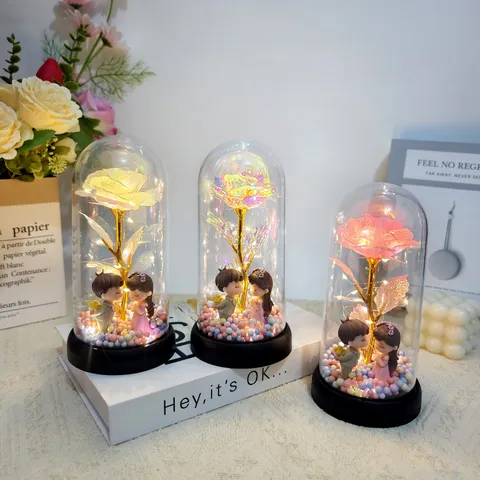 Gold Foil Eternal Rose Glass Dome LED Night Light Romantic Gift For Women Valentine Birthday Decor