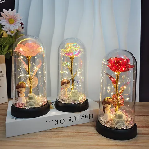 Preserved Flower Rose Glass Dome Night Light LED Romantic Couple Desktop Ornament Gift For Girlfriend Birthday