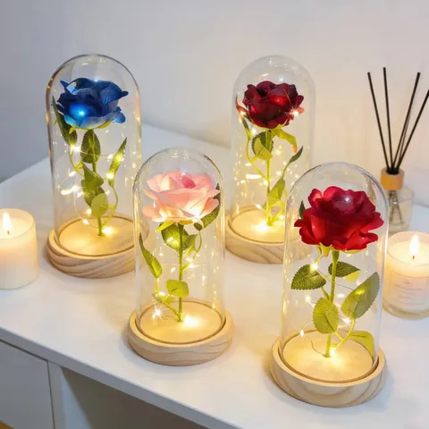 Preserved Rose Glass Dome LED Night Light Artificial Flower Romantic Gift For Valentine's Day Home Decor