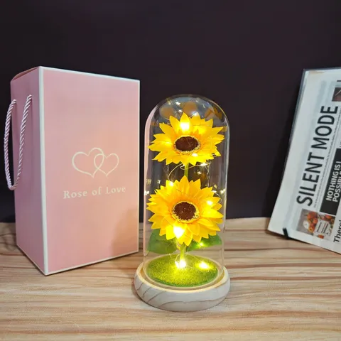 Sunflower Preserved Flower Night Light Glass Cover Ornament LED Copper Wire Fairy Lights Desk Decor Gift
