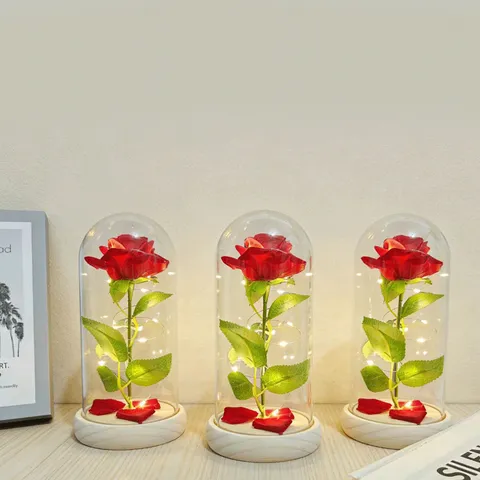 Romantic Rose Preserved Flower Glass Cover LED Night Light Valentine Day Gift Home Decor Artificial Flower Ornament