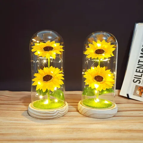 Sunflower Preserved Flower Night Light Glass Cover Ornament LED Copper Wire Fairy Lights Desk Decor Gift