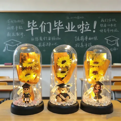 Graduation Gift Acrylic Cover Sunflower LED Night Light Cartoon Bachelor Bear Student Souvenir Desk Ornament
