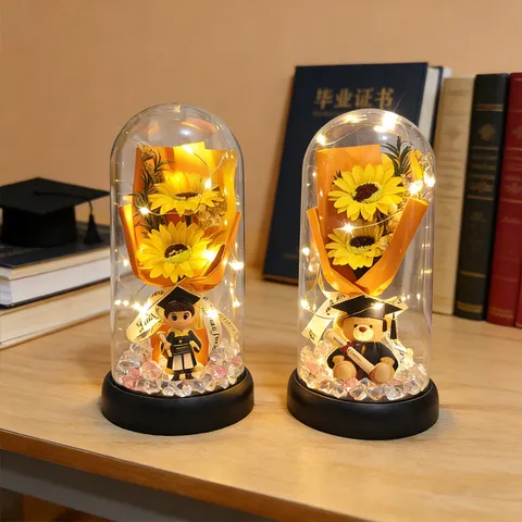 Graduation Gift Acrylic Cover Sunflower LED Night Light Cartoon Bachelor Bear Student Souvenir Desk Ornament