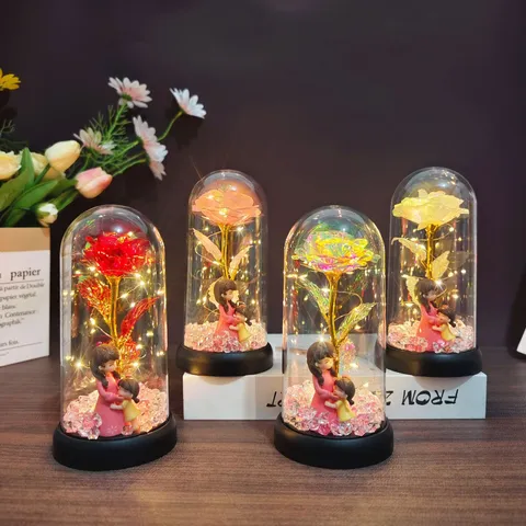 Gold Foil Rose Preserved Flower Glass Cover LED Light Ornament Mother Day Gift Home Decor Tabletop Display