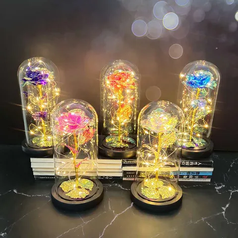Gold Foil Rose Glass Dome LED Light Artificial Flower Valentine Day Gift Home Table Decor Night Light Ornament