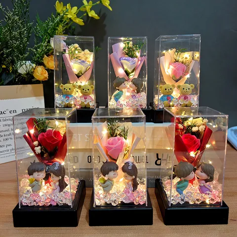 Valentine Day Preserved Soap Rose Flower Gift Box With Acrylic Cover LED Light Romantic Couple Bear Decor Home Ornaments