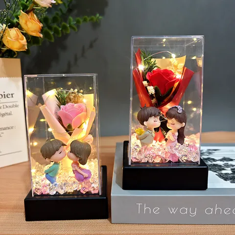 Valentine Day Preserved Soap Rose Flower Gift Box With Acrylic Cover LED Light Romantic Couple Bear Decor Home Ornaments