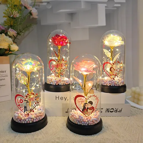 Gold Foil Rose Preserved Flower Glass Cover Night Light Romantic Table Decor Gift For Valentine Day Mother Birthday