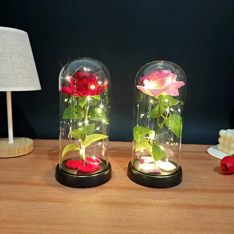 Preserved Rose Glass Dome Light LED Copper Wire Fairy Lights Romantic Valentine Day Gift Home Decor Table Ornament