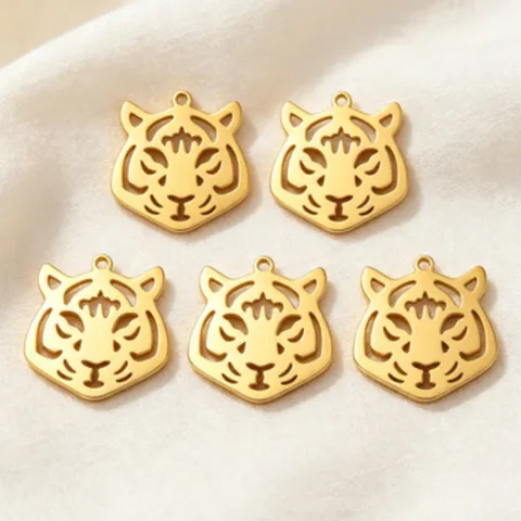 Cute Cartoon Tiger Head Stainless Steel DIY Pendant 18K Gold Plated Hollow Animal Charm For Jewelry Making Accessory