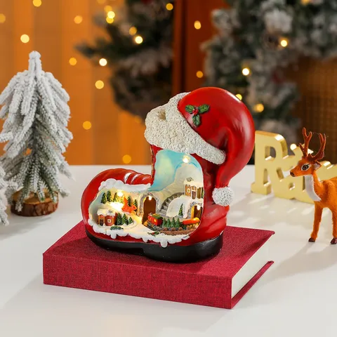 Christmas Resin Micro Landscape Rotating Luminous Music Box Old Man Boot Ornament Holiday Gift Home Decor