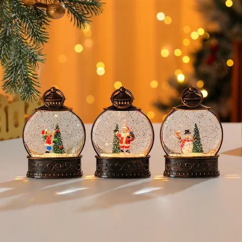 Christmas Water Glitter Night Light Retro Bronze Small Lantern Micro Landscape Desktop Ornament Holiday Gift