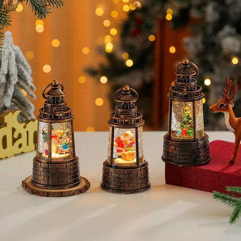 Christmas Water Filled Glowing Wind Lamp Night Light Resin Plastic Retro Lantern Ornament Festival Home Decor Gift