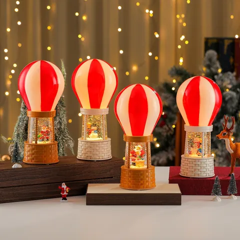 Creative Christmas Hot Air Balloon Snow Globe Music Box Resin LED Light Water Ball Desktop Ornament Holiday Home Decor Gift