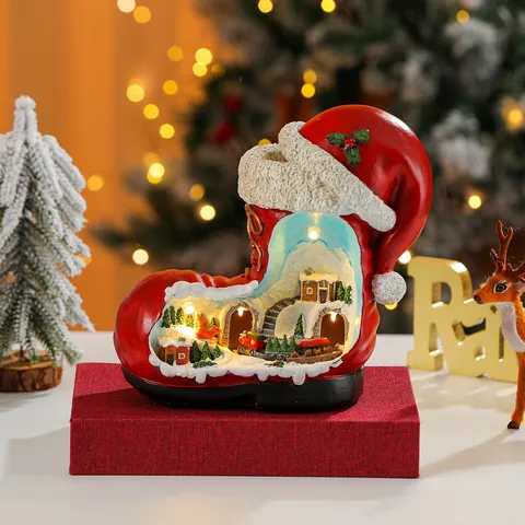 Christmas Resin Micro Landscape Rotating Luminous Music Box Old Man Boot Ornament Holiday Gift Home Decor