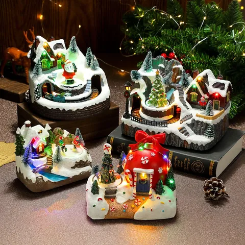 Christmas Rotating Resin Luminous Music Box Ornament Cute Santa Snowman Train Figurine Holiday Home Decor Gift