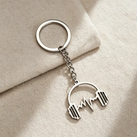 Stainless Steel Headphone Heartbeat ECG Wave Line Pendant Keychain Music Lover Heart Rate Sound Wave Minimalist Metal Key Ring Jewelry Gift