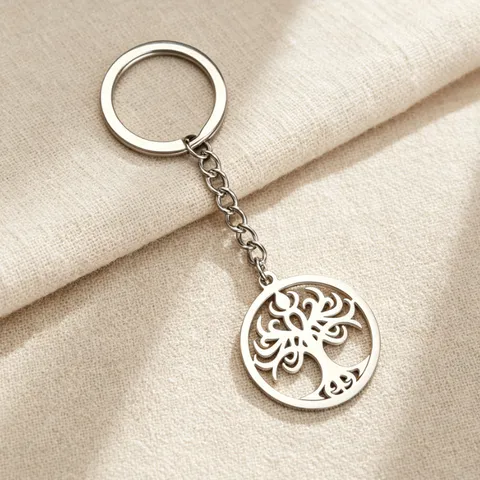 Stainless Steel Tree Of Life Keychain Round Hollow Geometric Pendant Car Bag Key Ring Ornament Gift For Men Women